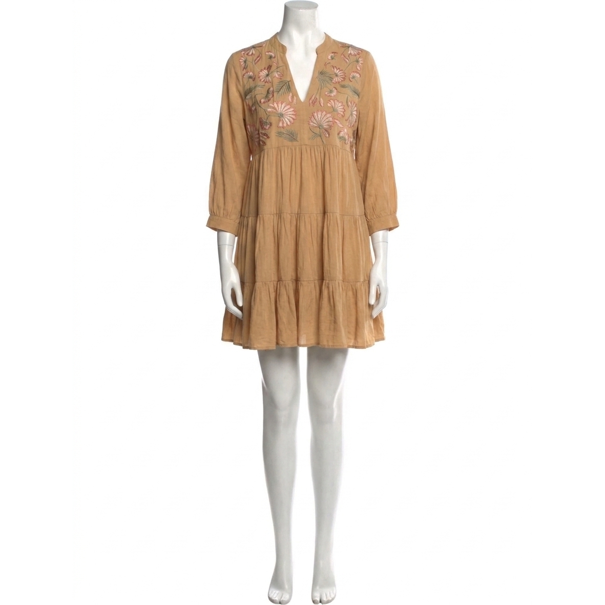 New Entro Floral Embroidered Tiered Dress In Butter Rum